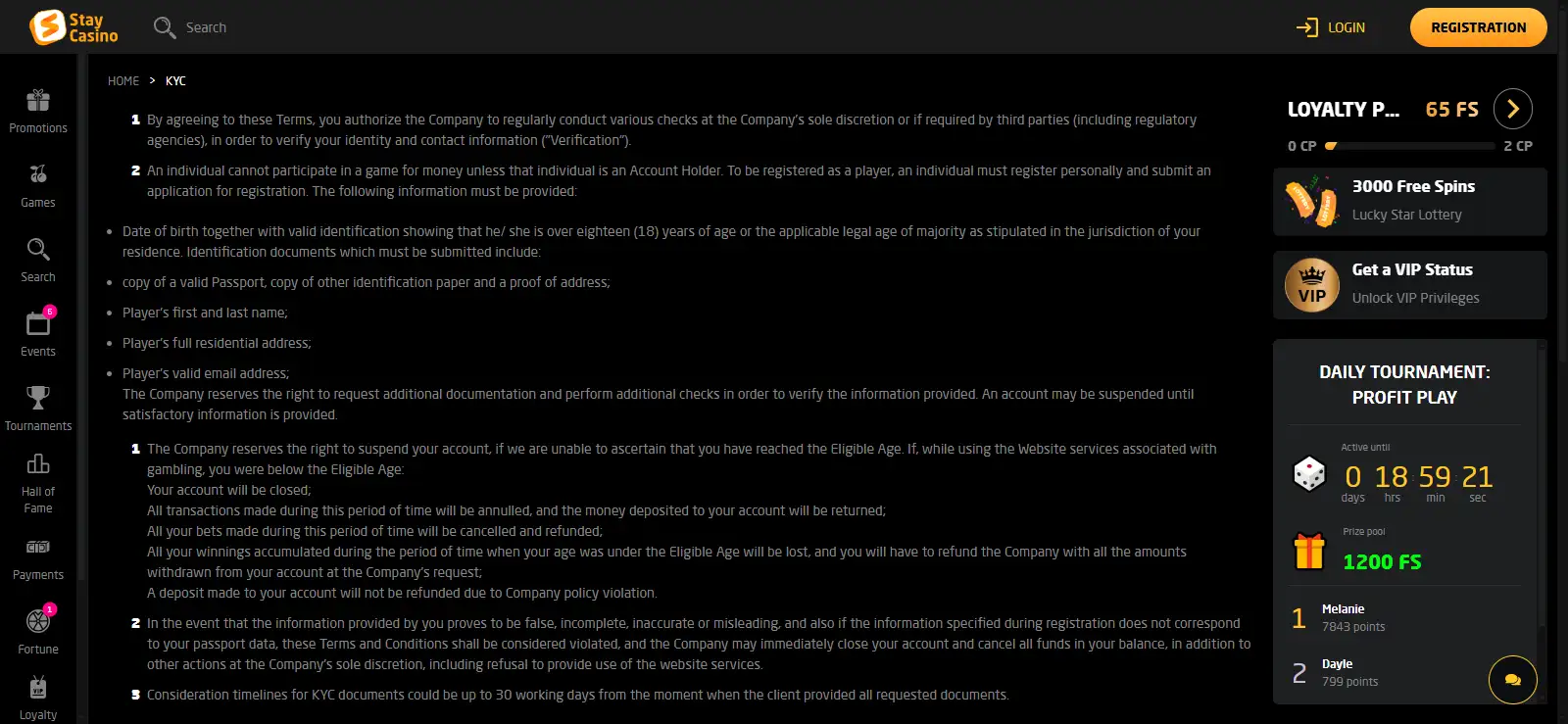 Current StayCasino KYC and verification screen