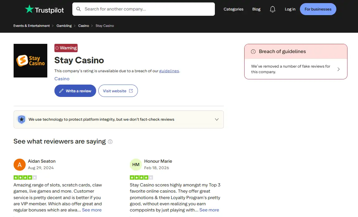 Current StayCasino Trustpilot review and moderation current view