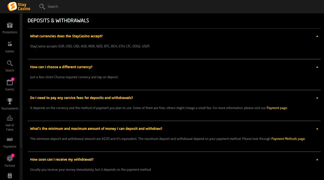 Current StayCasino withdrawal and cashier screen