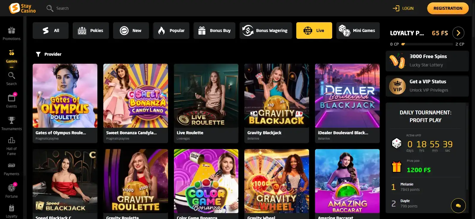 Current StayCasino live-casino lobby