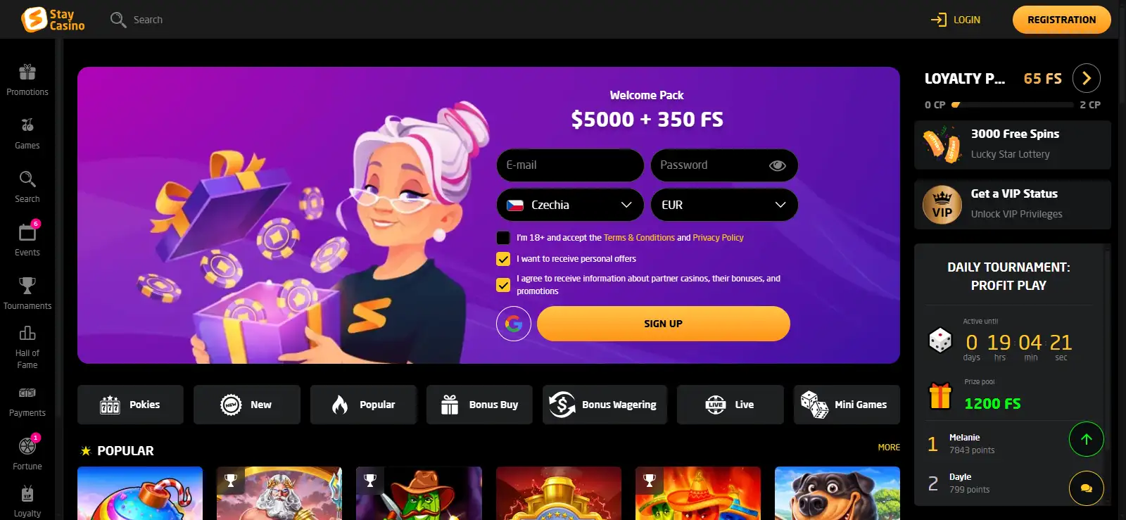 Current StayCasino homepage and registration interface